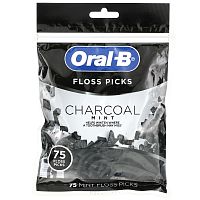 Oral-B, Floss Picks, древесный уголь и мята, 75 зубочисток