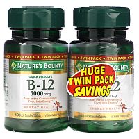 Nature's Bounty, Витамин B12, Twin Pack, натуральный вишневый вкус, 5000 мкг, 40 быстрорастворимых таблеток