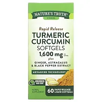 Nature&#x27;s Truth, Turmeric Curcumin plus Ginger, Astragalus and Black Pepper Extract, 1,600 mg, 60 Rapid Release Liquid Softgels (800 mg per Softgel)