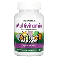 NaturesPlus, Animal Parade, Children&#x27;s Chewable Multivitamin Supplement, Grape, 90 Animal-Shaped Tablets