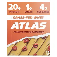 Atlas Bar, Grass-Fed Whey Protein Bar, Peanut Butter &amp; Raspberry, 12 Bars, 1.9 oz (54 g) Each