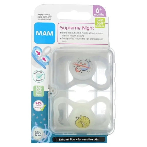 MAM, Supreme Night Pacifier, 6+ Months, Clear, 2 Count