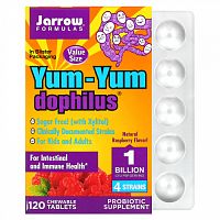 Jarrow Formulas, Yum-Yum Dophilus, без сахара, с натуральным ароматизатором со вкусом малины, 120 жевательных таблеток