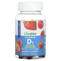 Lifeable, Vitamin D3 Gummies, Sugar Free, Natural Berry, 2,000 IU, 60 Gummies (25 mcg (1,000 IU) per Gummy)