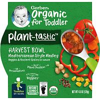 Gerber, Organic, миска для сбора урожая с растительным вкусом, от 12 месяцев, средиземноморское ассорти из овощей и древних злаков в соусе, 128 г (4,5 унции)