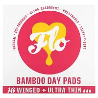 Here We Flo, Bamboo Day Pads, Ultra Thin with Wings, 16 Pads