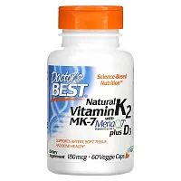 Doctor&#x27;s Best, Natural Vitamin K2 MK-7 with MenaQ7 plus D3, 180 mcg, 60 Veggie Caps