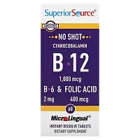 Superior Source, Cyanocobalamin &amp; B-12 &amp;  B-6 &amp; Folic Acid, 1,000 mcg &amp; 2 mg &amp; 400 mcg, 60 MicroLingual Instant Dissolve Tablets