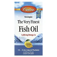 Carlson, Norwegian The Very Finest Fish Oil, Natural Lemon, 1,600 mg, 15 Liquid Packets, 0.17 fl oz (5 ml) Each