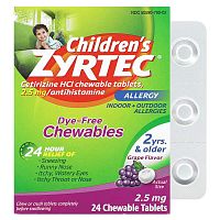 Zyrtec, Children&#x27;s Allergy, Dye-Free Chewable, 2+ Years, Grape, 2.5 mg, 24 Chewable Tablets