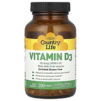 Country Life, Vitamin D3, 25 mcg (1,000 I.U.), 200 Softgels