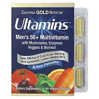 California Gold Nutrition, Ultamins Men&#x27;s 50+ Multivitamin with CoQ10, Mushrooms, Enzymes, Veggies &amp; Berries, 60 Veggie Capsules