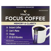 VitaCup, Focus Coffee, Memory &amp; Clarity, Instant, Medium Roast, 24 Single-Serve Sticks, 0.12 oz (3.3 g) Each