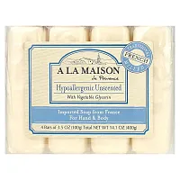 A La Maison de Provence, Hand &amp; Body Soap Bar, Hypoallergenic Unscented, 4 Bars, 3.5 oz (100 g) Each