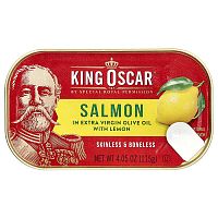 King Oscar, Skinless &amp; Boneless Salmon in Extra Virgin Olive Oil With Lemon, 4.05 oz (115 g)