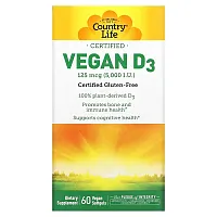 Country Life, Certified Vegan D3, 125 mcg (5,000 IU), 60 Vegan Softgels