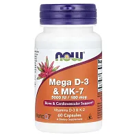 NOW Foods, Mega D-3 &amp; MK-7, 5,000 IU / 180 mcg, 60 Capsules