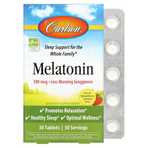 Carlson, Melatonin, Natural Strawberry Lemon, 300 mcg, 30 Tablets