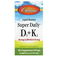 Carlson, Super Daily D3 + K2, 90 Vegetarian Drops, 0.086 fl oz (2.54 ml)