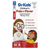 DrKids, Children&#x27;s Pain + Fever, Ages 2-11 Years, Cherry, 20 Pre-Measured Single-Use Vials, 0.17 fl oz (5 ml) Each