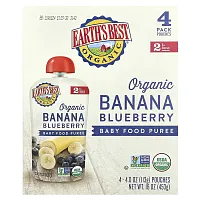 Earth&#x27;s Best, Organic Baby Food Puree, 6+ Months, Banana Blueberry, 4 Pack, 4 oz (113 g) Each