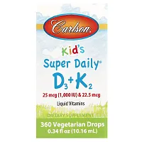 Carlson, Kid&#x27;s, Super Daily D3+K2, 25 mcg (1,000 IU) &amp; 22.5 mcg, 0.34 fl oz (10.16 ml)