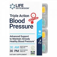 Life Extension, Triple Action для измерения артериального давления, утром / вечером, 2 упаковки, по 30 вегетарианских таблеток