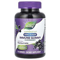 Nature&#x27;s Way, Sambucus, Immune Gummy with Zinc, Vitamins C &amp; D3, Zero Sugar, Elderberry, 70 Gummies