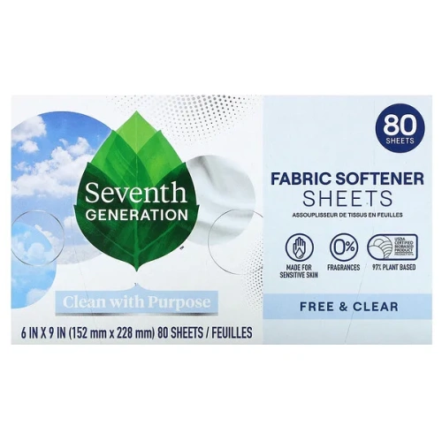 Seventh Generation, Fabric Softener Sheets, Free &amp; Clear, 80 Sheets