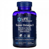 Life Extension, Super Omega-3, рыбий жир с ЭПК и ДГК, 120 капсул, покрытых кишечнорастворимой оболочкой