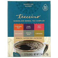 Teeccino, Dandelion Herbal Tea Sampler, 6 Flavors, Caffeine Free, 12 Tea Bags, 2.54 oz (72 g)