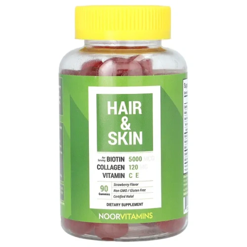 Noor Vitamins, Hair &amp; Skin Gummies, Strawberry , 90 Gummies