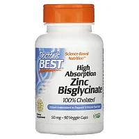 Doctor&#x27;s Best, High Absorption Zinc Bisglycinate, 100% Chelated, 50 mg, 90 Veggie Caps