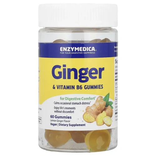 Enzymedica, Ginger &amp; Vitamin B6 Gummies, Lemon Ginger, 60 Gummies