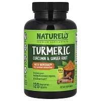 NATURELO, Turmeric Curcumin &amp; Ginger Root With Bioperine®, 120 Vegetarian Capsules