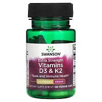 Swanson, Vitamins D3 &amp; K2, Extra Strength, 60 Veggie Caps