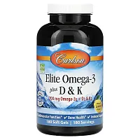 Carlson, Elite Omega-3 Plus D &amp; K, Natural Lemon Flavor, 180 Soft Gels