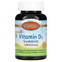 Carlson, Kid&#x27;s, Vitamin D3 Gummies, Natural Fruit, 25 mcg (1,000 IU), 60 Vegetarian Gummies