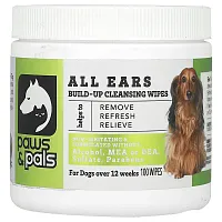 Paws &amp; Pals, All Ears, Build-Up Cleaning Wipes, For Dogs, 100 Wipes