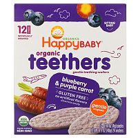 Happy Family Organics, Organic Teethers, мягкие вафли для прорезывания зубов, голубика и фиолетовая морковь, 12 пакетиков по 4 г (0,14 унции)