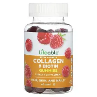 Lifeable, Extra Strength Collagen &amp; Biotin Gummies, Natural Raspberry, 60 Gummies