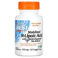 Doctor&#x27;s Best, Stabilized R-Lipoic Acid with BioEnhanced Na-RALA, 200 mg, 60 Veggie Caps