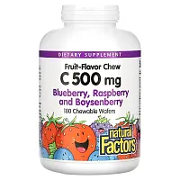 Natural Factors, Fruit-Flavor Chew Vitamin C, Blueberry, Raspberry and Boysenberry, 500 mg, 180 Chewable Wafers