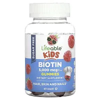 Lifeable, Kids Biotin Gummies, Sugar Free, Natural Raspberry, 5,000 mcg, 60 Gummies (2,500 mcg per Gummy)