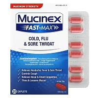 Mucinex, Fast-Max Cold, Flue &amp; Sore Throat, Maximum Strength, For Ages 12+, 20 Caplets