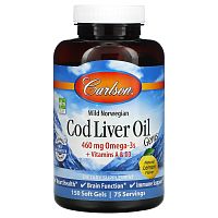 Carlson, Cod Liver Oil Gems, жир из печени норвежской трески дикого улова, с натуральным лимонным вкусом, 460 мг, 150 капсул (230 мг в 1 капсуле)