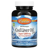 Carlson, Wild Norwegian, Cod Liver Oil Gems, жир печени дикой норвежской трески в капсулах, высшего качества, 1000 мг, 100 капсул