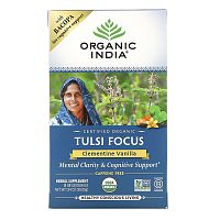 Organic India, Tulsi Tea, Focus, клементина и ваниль, без кофеина, 18 пакетиков для настоя, 1,34 унции (38,08 г)