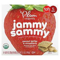 Plum Organics, Jammy Sammy, Snack Size Sandwich Bar, 15 Months &amp; Up, Peanut Butter &amp; Strawberry, 5 Bars, 1.02 oz (29 g) Each