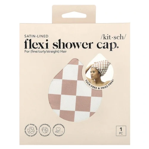 Kitsch, Satin-Lined Flexi Shower Cap, Terracotta Checker, 1 Cap